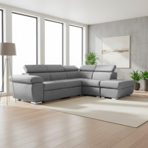 Divano letto Fiona angolare con penisola destra e pouf contenitore in tessuto Aragon 83 grigio