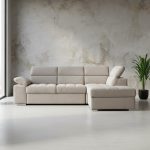 Divano letto angolare Capri reversibile con 5 poggiatesta regolabili e pouf indipendente in Aragon 20 tortora