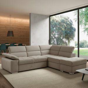 Divano letto angolare Capri reversibile con 5 poggiatesta regolabili e pouf indipendente in Aragon 20 tortora