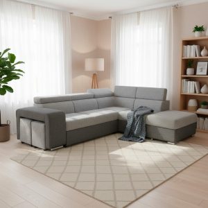 Divano letto angolare Sophie con penisola destra con pouf contenitore e 2 pouf estraibili in Giulia 9713 e Giulia 9712