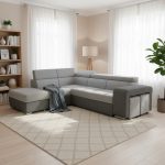 Divano letto angolare Sophie con penisola sinistra con pouf contenitore e 2 pouf estraibili in Giulia 9713 e Giulia 9712