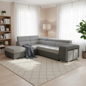 Divano letto angolare Sophie con penisola sinistra con pouf contenitore e 2 pouf estraibili in Giulia 9713 e Giulia 9712