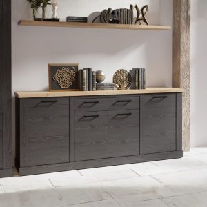 Madia Flux 4 ante e 2 cassetti in colore nero cabezone e top rovere riviera