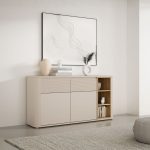 Madia Origin Core con 2 cassetti e 2 ante colore cashmere e nicchie a giorno con dettaglio rovere