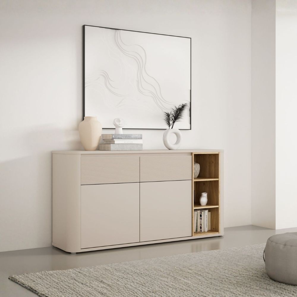 Madia Origin Core con 2 cassetti e 2 ante colore cashmere e nicchie a giorno con dettaglio rovere
