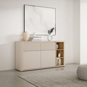 Madia Origin Core con 2 cassetti e 2 ante colore cashmere e nicchie a giorno con dettaglio rovere