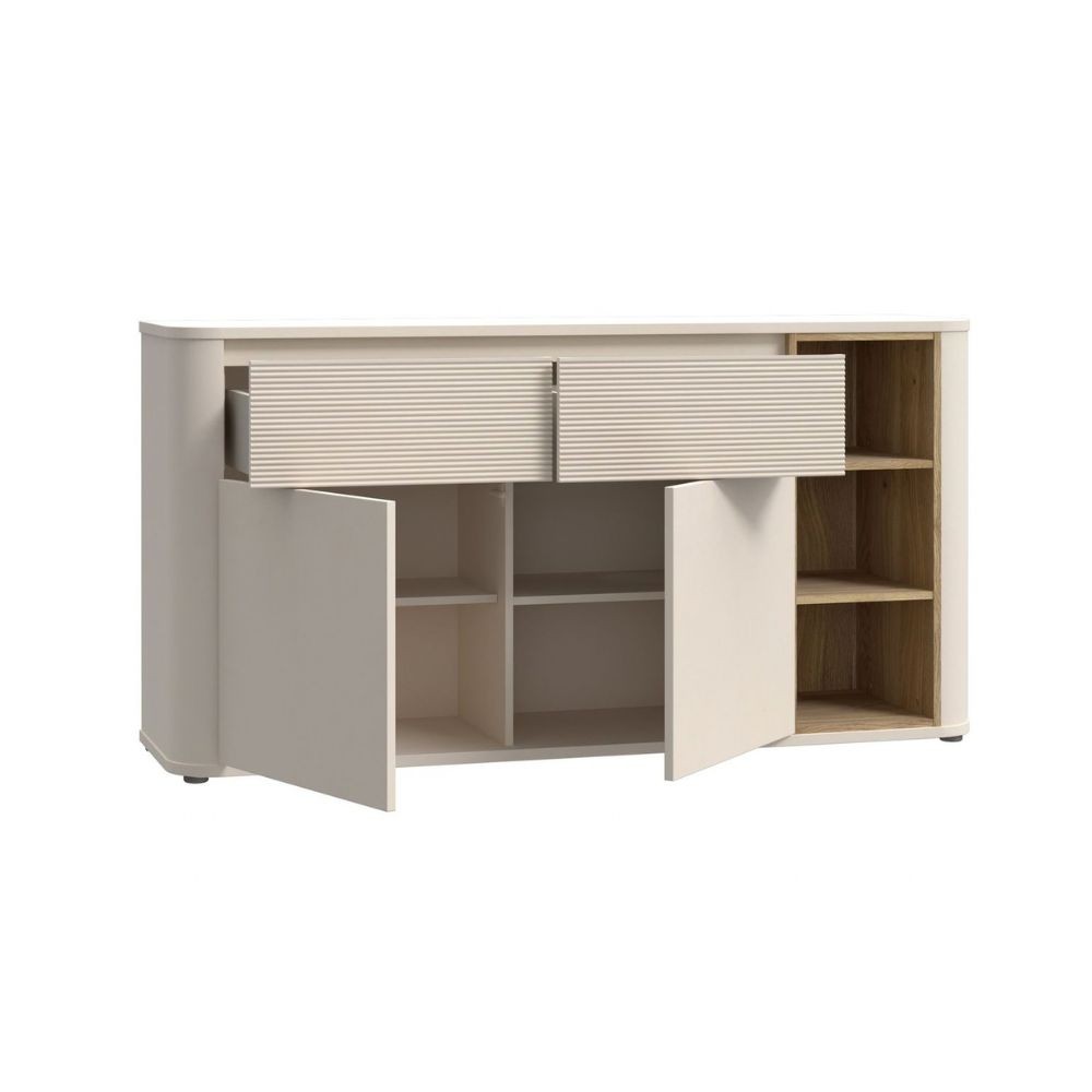 Madia Origin Core con 2 cassetti e 2 ante colore cashmere e nicchie a giorno con dettaglio rovere