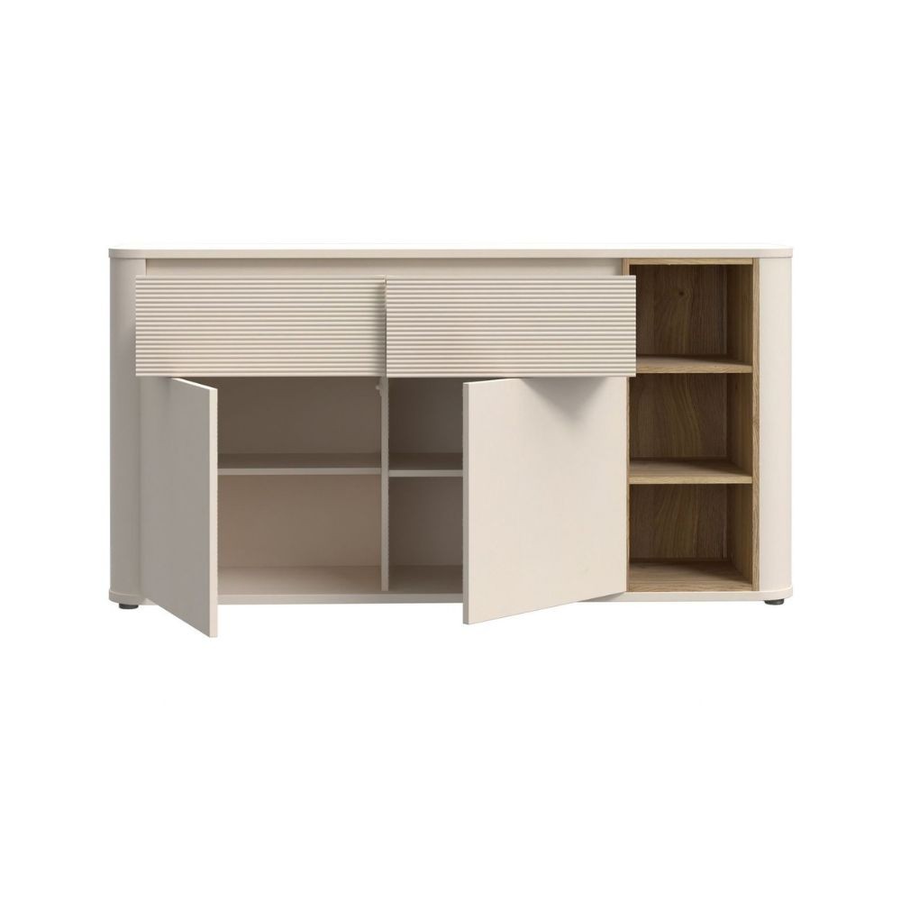 Madia Origin Core con 2 cassetti e 2 ante colore cashmere e nicchie a giorno con dettaglio rovere