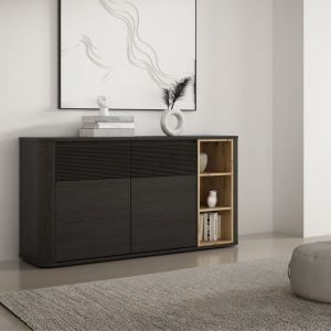 Madia Origin Core con 2 cassetti e 2 ante colore nero e nicchie a giorno con dettaglio rovere