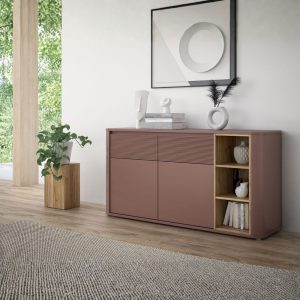 Madia Origin Core con 2 cassetti e 2 ante colore terracotta e nicchie a giorno con dettaglio rovere