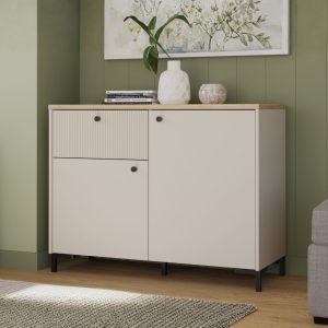 Madia Unit 2 ante e 1 cassetto cannettato L 103.1 x P 41.9 x H 79 cm. colore cashmere con top rovere