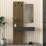 Mobile ingresso Elois con 3 ganci appendi abiti e specchio in colore antracite e rovere