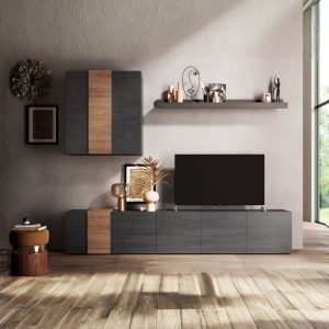 Parete attrezzata Sabry 301 cm in titanio e rovere Kadiz
