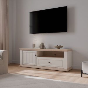 Porta tv Essenza 150 con 1 anta 1 cassetto e nicchia a giorno in colore bianco e dettagli rovere