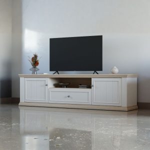Porta tv Essenza 200 con 2 ante 1 cassetto e nicchia a giorno in colore bianco e dettagli rovere