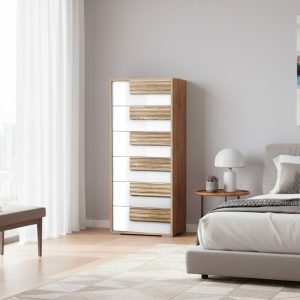Settimino Selva 6 cassetti con struttura in rovere caramello e frontali bianco lucido