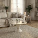 Tavolino da salotto Lepper con piano travertino e base cashmere