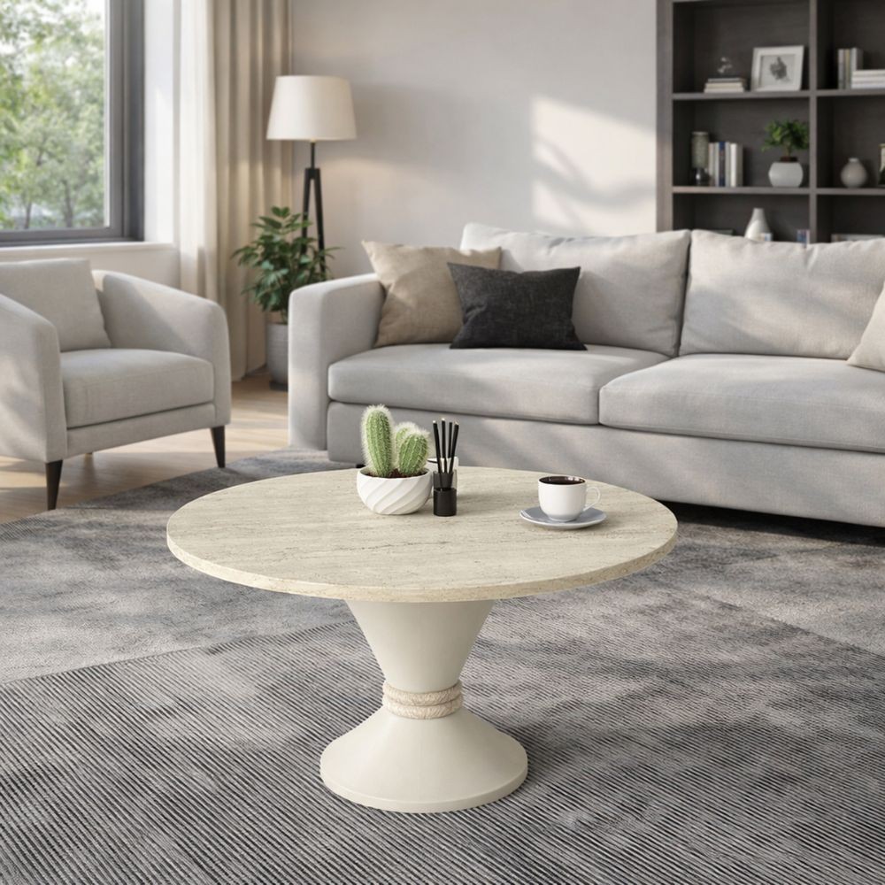 Tavolino da salotto Lepper con piano travertino e base cashmere