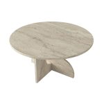 Tavolino da salotto Mara con piano tondo e gambe con dettagli geometrici colore travertino