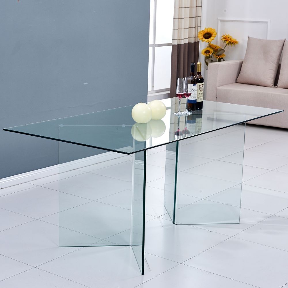 Tavolo Nespolo in vetro temperato 10 mm con gambe triangolari 160x90x75 H cm.