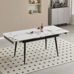 Tavolo allungabile Expandia con piano in ceramica e allunghe laterali effetto marmo bianco e gambe in metallo nero