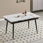 Tavolo allungabile Expandia con piano in ceramica e allunghe laterali effetto marmo bianco e gambe in metallo nero