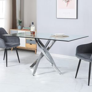 Tavolo da pranzo rettangolare fisso Peyton con piano in vetro temperato e gambe cromate 160x90 cm.