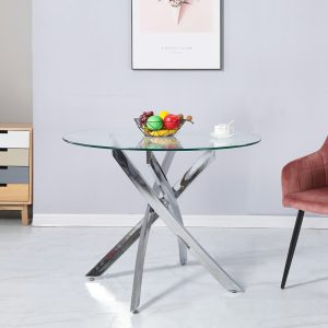 Tavolo da pranzo tondo fisso Peyton con piano in vetro temperato e gambe cromate 100x100 cm.