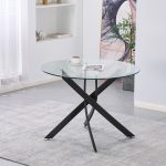 Tavolo da pranzo tondo fisso Peyton con piano in vetro temperato e gambe nere 100x100 cm.