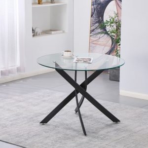Tavolo da pranzo tondo fisso Peyton con piano in vetro temperato e gambe nere 100x100 cm.
