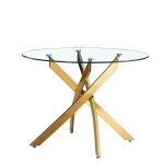 Tavolo da pranzo tondo fisso Peyton con piano in vetro temperato e gambe oro 100x100 cm.