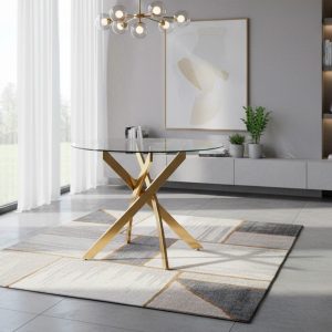 Tavolo da pranzo tondo fisso Peyton con piano in vetro temperato e gambe oro 100x100 cm.