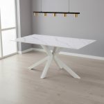 Tavolo fisso Hunter con piano in ceramica effetto marmo bianco opaco e gambe bianche