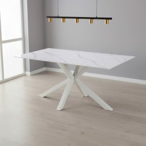 Tavolo fisso Hunter con piano in ceramica effetto marmo bianco opaco e gambe bianche