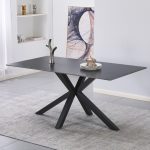 Tavolo fisso Hunter con piano in ceramica effetto marmo nero con venature oro opaco e gambe nere