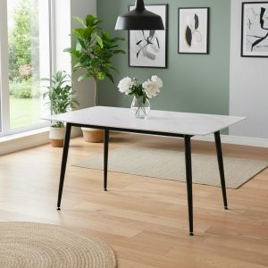 Tavolo fisso Kilo 140x80 cm. con piano in ceramica effetto marmo bianco opaco e gambe nere