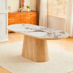 Tavolo ovale Nordico fisso con gamba effetto rovere naturale e top in ceramica effetto marmo bianco arabesque opaco