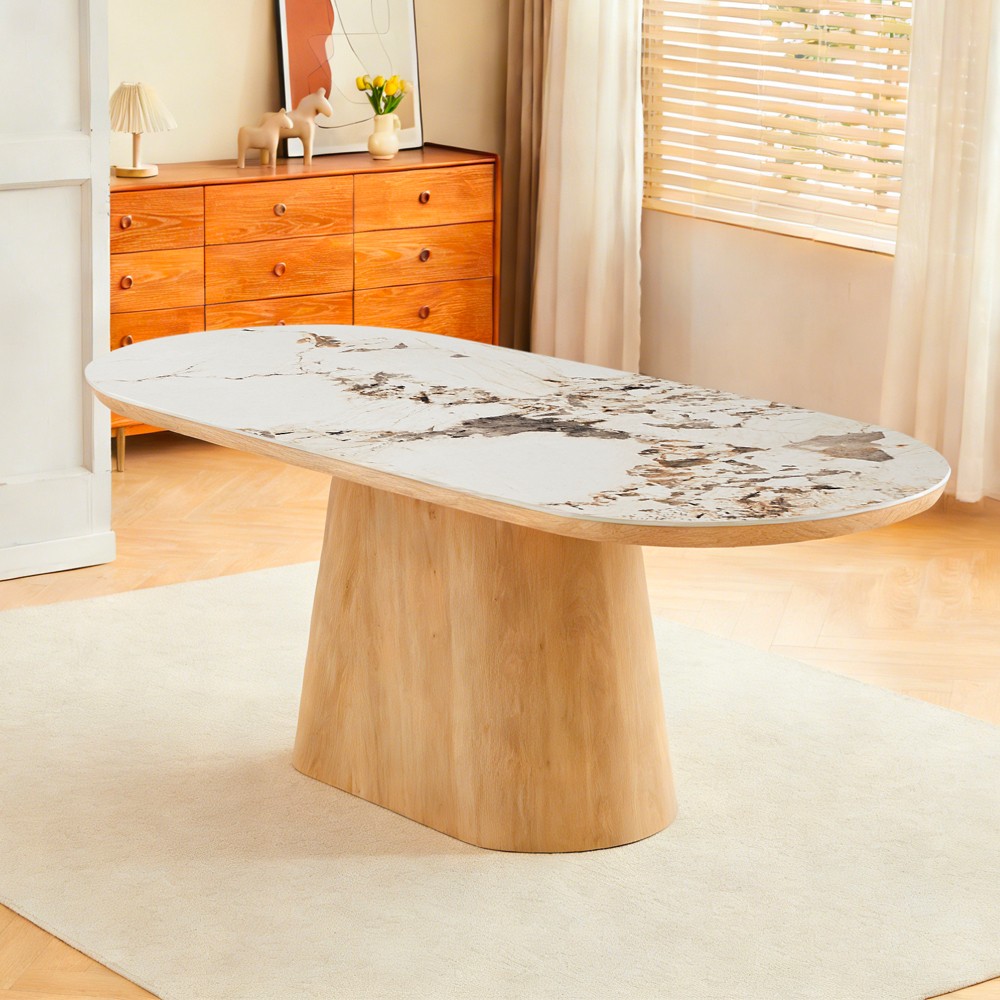 Tavolo ovale Nordico fisso con gamba effetto rovere naturale e top in ceramica effetto marmo bianco arabesque opaco