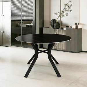 Tavolo rotondo fisso Aurora con piano in ceramica nero opaco con venature oro e struttura in metallo nero