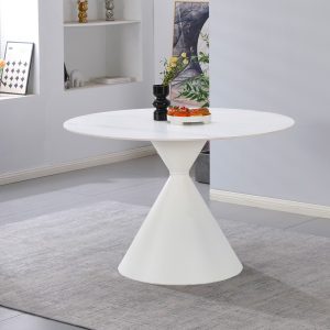 Tavolo tondo fisso Taini con piano in ceramica effetto marmo bianco opaco e gambe in metallo bianco