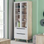 Vetrina Axis con 2 ante in vetro e 2 cassetti con struttura rovere e frontali bianchi