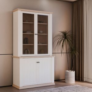 Vetrina Essenza con 2 ante a vetro e 2 ante in stile classico colore bianco e rovere