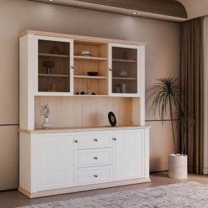 Vetrina Essenza con 4 ante 3 cassetti e nicchie a giorno colore bianco e rovere