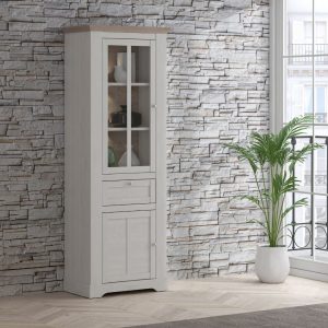 Vetrina Forma con 1 cassetto e 2 ante con luce integrata colore rovere neve e piano olmo scuro