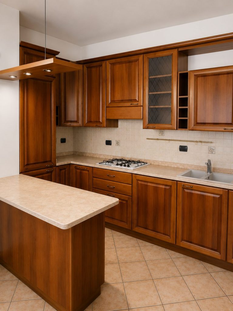 Mobile cucina in legno completa di elettrodomestici: piano cottura, forno, lavastoviglie, cappa e frigo da incasso USATA 4652/U
