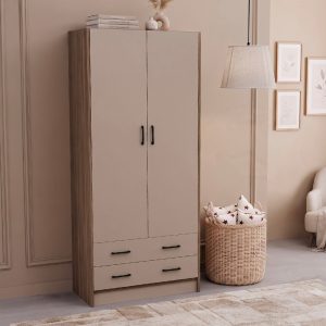 Armadio H 210 cm. 2 ante con 2 cassetti con cassa noce naturale e ante cashmere