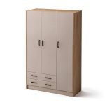 Armadio H 210 cm. 3 ante con 2 cassetti con cassa noce naturale e ante cashmere