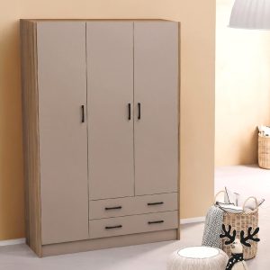 Armadio H 210 cm. 3 ante con 2 cassetti con cassa noce naturale e ante cashmere