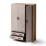 Armadio H 210 cm. 3 ante con 2 cassetti con cassa noce naturale e ante cashmere