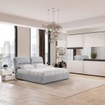 Camera Milva con letto contenitore Sofaback grigio chiaro e armadio scorrevole 2 ante specchiate in cashmere e antracite
